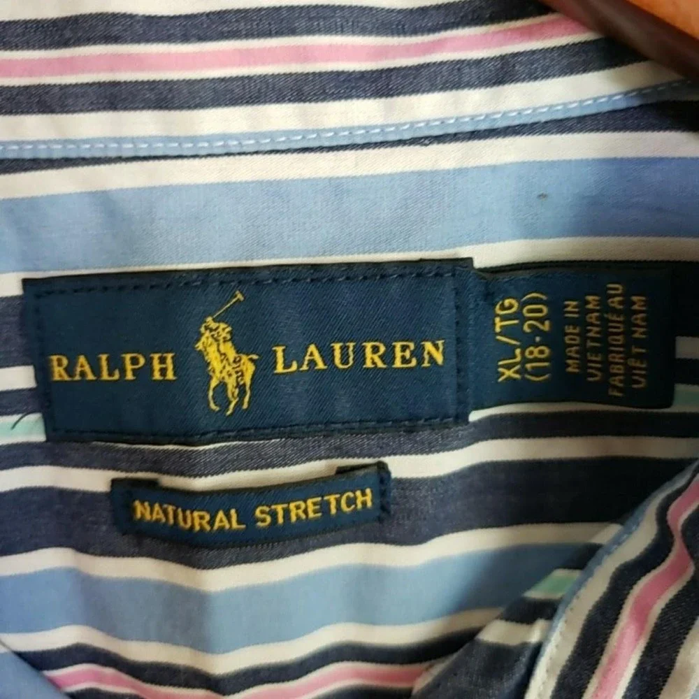 Ralph‎ Lauren Shirt Boys XL 18-20 Blue Stripe Button Down Short Sleeve Pony Logo
